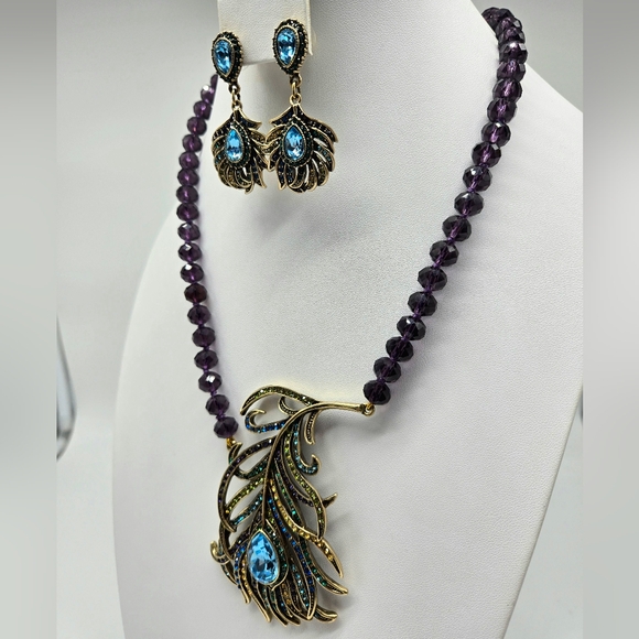Heidi Daus Amethyst Swarovski Crystal Large Peacock Feather Necklace - Picture 5 of 14